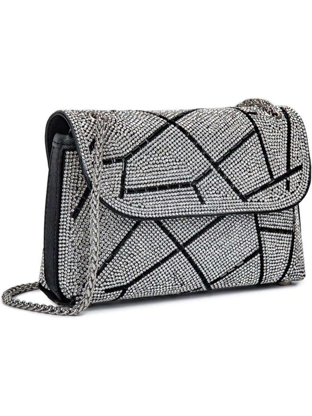 Women's Black Rhinestone Evening Clutch Bag with Chain Strap Shoulder Purse